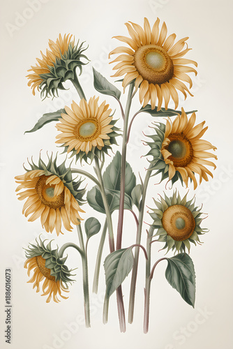 Sunflowers botanical illustration with vintage garden style