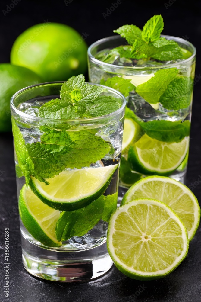 Fototapeta premium Refreshing mojito cocktails with mint and lime slices
