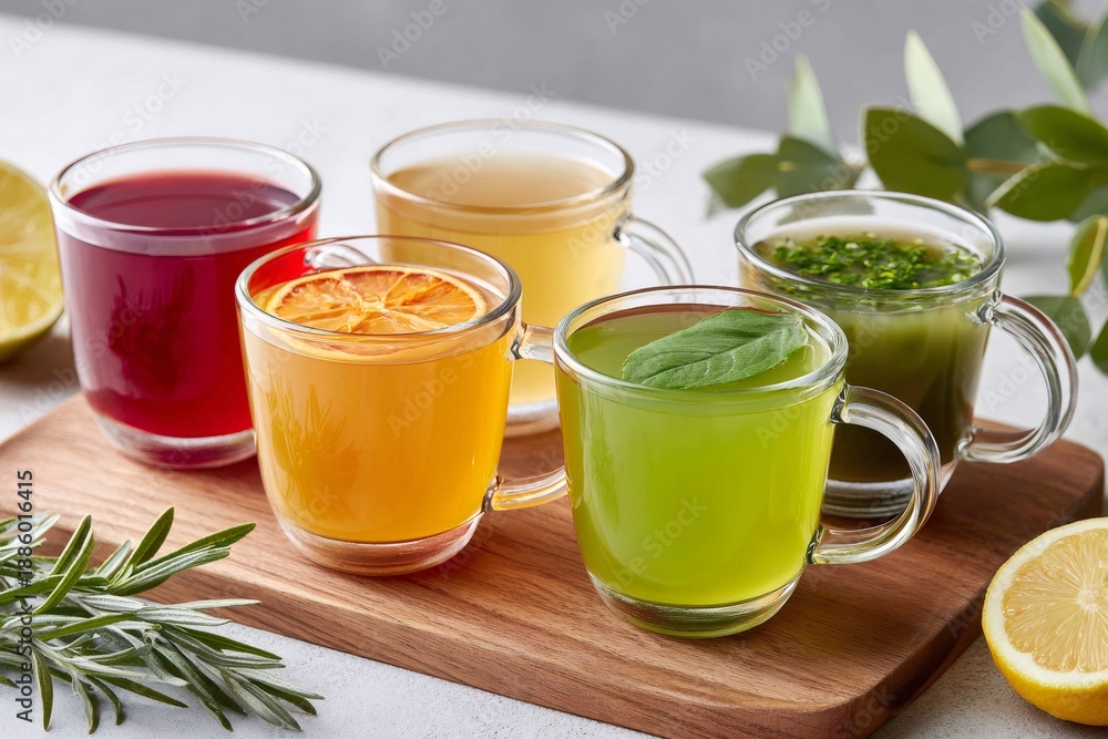 Fototapeta premium Variety of colorful natural herbal teas and infusions on wooden board