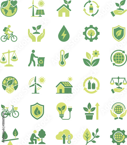 Collection of Green EcoFriendly Icons Representing Environmental Sustainability and Renewable Energy.