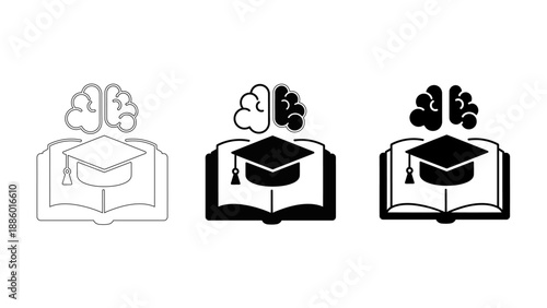 Education and Human Intelligence Icon  with Brain, Graduation Hat, and Open Book – Symbols for Learning, Mental Development, and Academic Success