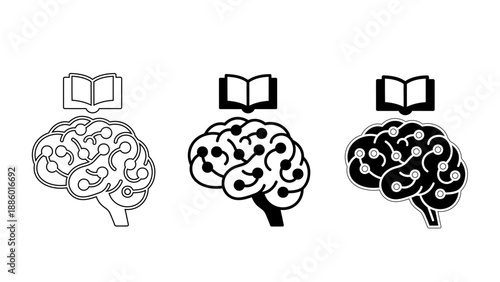 Education and Human Intelligence Icon with Brain, Graduation Hat, and Open Book – Symbols for Learning, Mental Development, and Academic Success