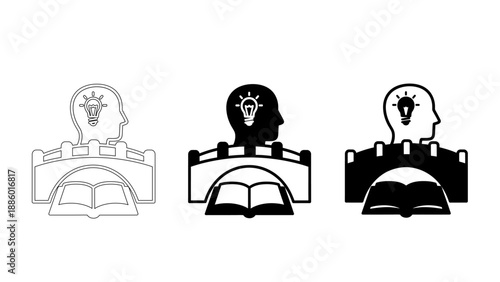 Knowledge Bridge Icon Set with Human Head, Lightbulb, and Open Book – Symbols for Creative Breakthrough, Educational Path, and Strategic Problem Solving