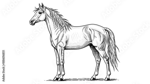 Elegant Horse in Profile A Detailed Black and White Illustration.