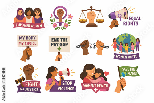 International Women’s Day women social justice icon set