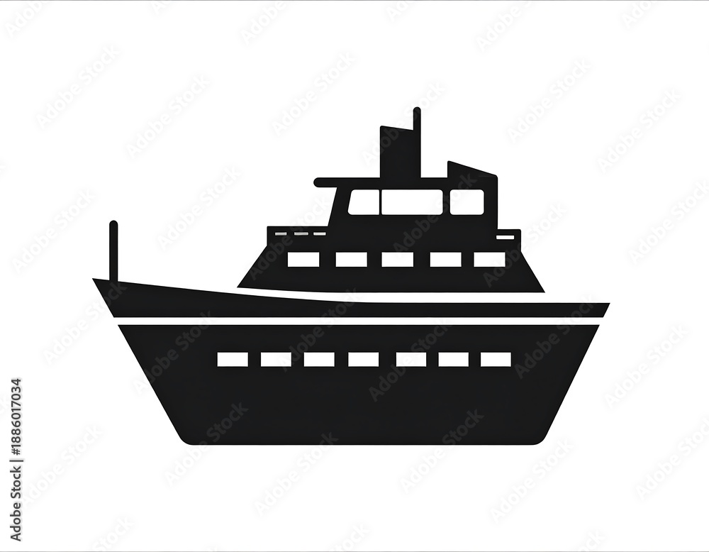 Obraz premium Silhouette of a sleek, black yacht with multiple decks, depicted on a plain white background