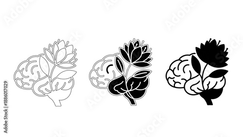 Mental Health and Growth Mindset Icon Set with Blooming Flower from Brain – Symbols for Psychology, Wellness, Self Care, and Personal Development