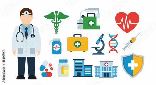 Collection of flat design icons representing various medical professionals healthcare equipment and essential diagnostic tools