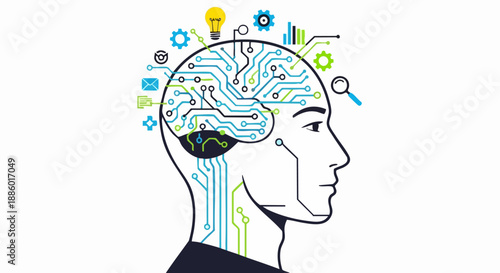 Conceptual drawing illustrates artificial intelligence and machine learning integration within the human mind's pathways