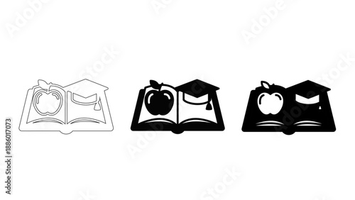 Education and Teacher Appreciation Icon Set with Open Book, Apple, and Graduation Cap – Symbols for Primary School, Academic Success, and Early Childhood Learning