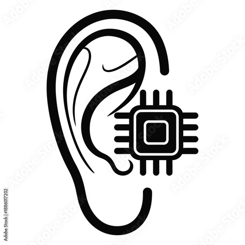 Black and white illustration of an ear with a microchip implanted inside it