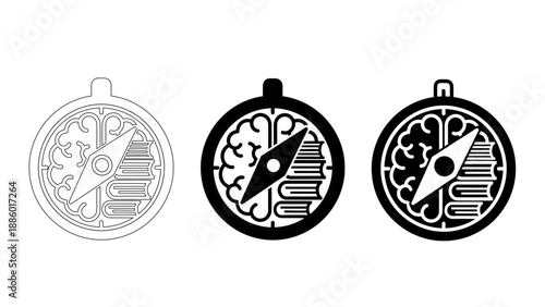 Mental Navigation and Education Guidance Icon Set with Compass Featuring Brain and Books – Symbols for Career Direction, Intellectual Path, and Academic Orientation