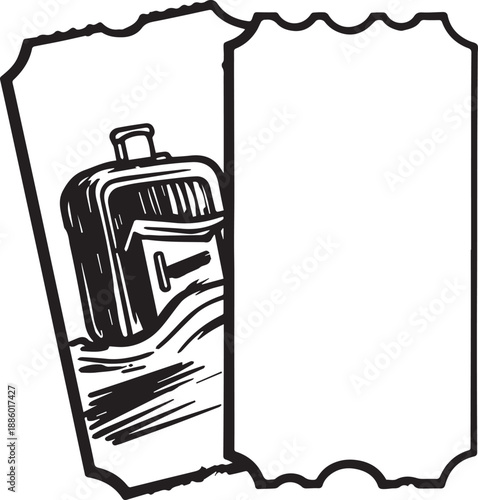 An artistic rendering of two tickets, one featuring a vintage suitcase sailing on water, suggesting themes of travel and adventure, with space for a blank message.