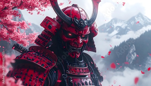 Red samurai armor with mask, cherry blossoms, and mountains. Menacing warrior with glowing red eyes, ready for combat