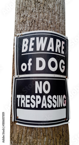 Beware of Dog / No Trespassing sign mounted on tree