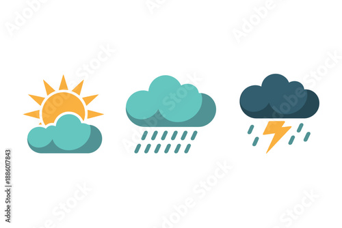 Weather icons for sunny, rainy, stormy conditions with clouds and sun
