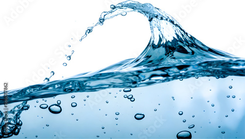 Dynamic Blue Water Wave Splash with Bubbles Isolated on Transparent Background