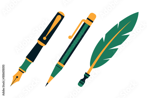 Colorful illustration of fountain pens and feather quill