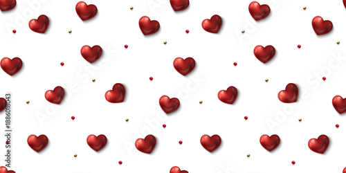 Valentines Day love seamless pattern on white background. Glossy red 3d heart with golden beads decoration. Romantic vector wrapping paper texture