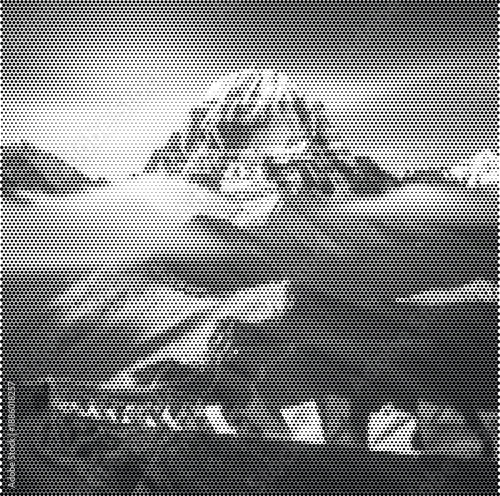 Halftone snowy mountain summit illustration for winter sports and mountaineering branding