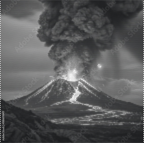 Dot pattern erupting volcano with lava flow illustration for science education and disaster