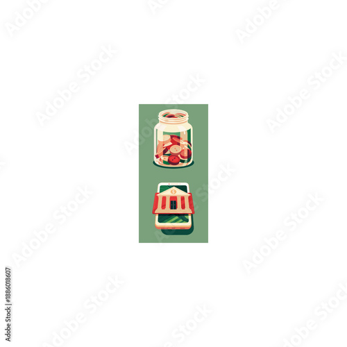 Vintage jars containing pickled vegetables on green background  