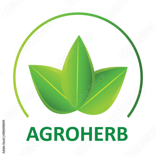 Symmetrical Agroherb logo featuring three green leaves in a circular arc for organic wellness and agriculture branding