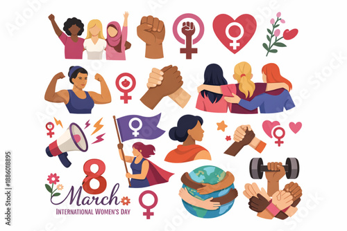 International Women’s Day women strength unity icon set