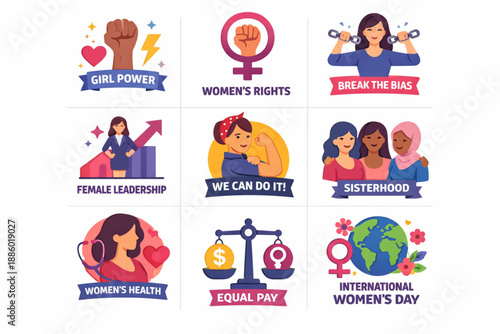 International Women’s Day women empowerment narratives icon set
