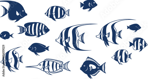 Tropical fish silhouette collection in blue color, marine life illustration set with ocean animals, aquarium species, underwater wildlife icons for nautical and aquatic design projects