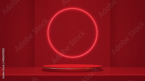Realistic minimal elegant red cylindrical podium with gold neon