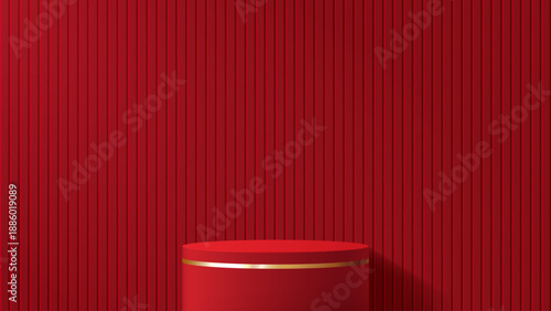 Realistic luxury elegant red cylindrical 3d podium for the presentation of goods