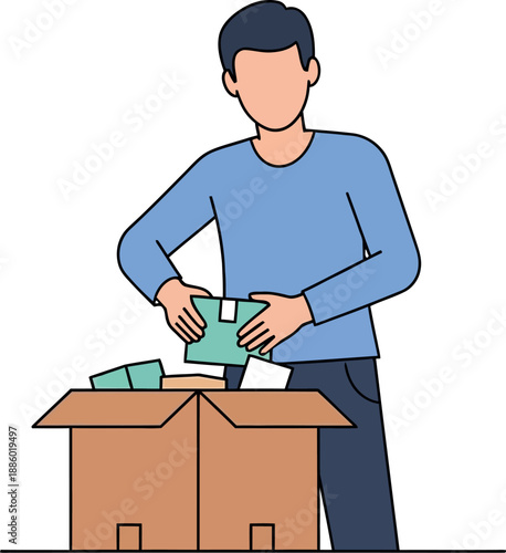 Man packing or unpacking items from a cardboard box