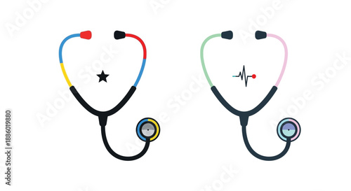 Colorful stethoscopes with heart and heartbeat designs against a white background
