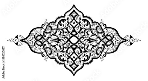 Intricate Black and White Islamic Geometric Pattern Ornament.