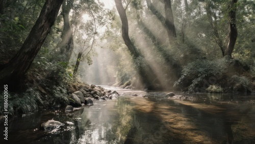 Sunlit forest scene; river reflecting light. Trees, flowing water, and natural beauty abound