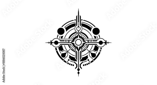 Intricate Circular Geometric Emblem with Celestial Motifs.