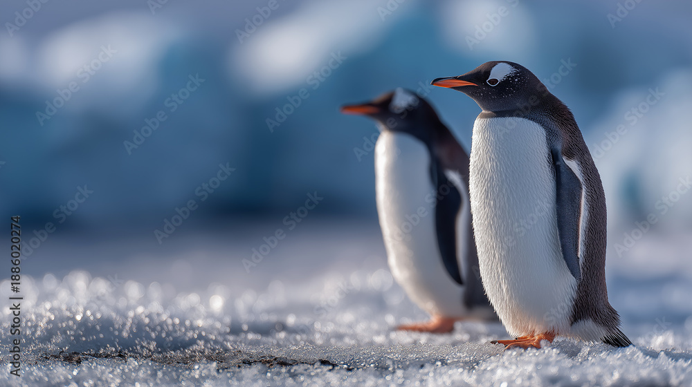 Obraz premium Two gentle penguins stand gracefully on the icy landscape, framed by a soft blue backdrop, embodying the beauty of their natural habitat.