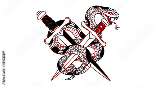 Intricate Tattoo Design Featuring a Snake and Crossed Daggers Symbolic of Danger.