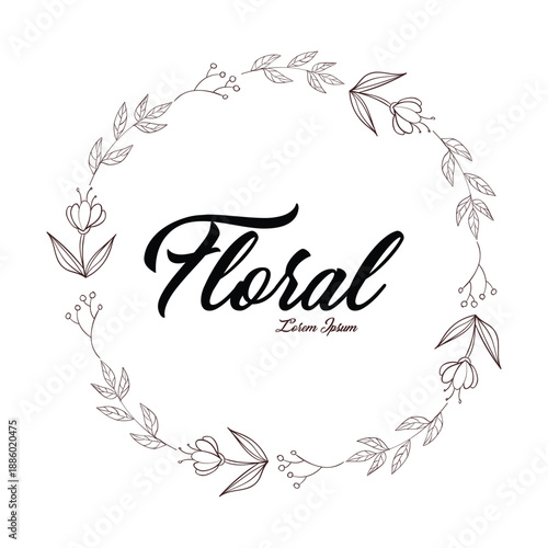 Minimalist hand-drawn floral wreath with delicate flower buds and vintage line art for rustic branding and invitations