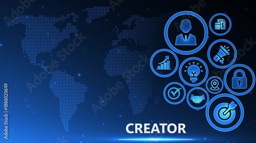 Digital Creator Concept with Global Network Icons and Business Graphics