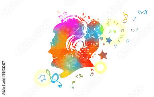 Grandmother's head colored silhouette listening to music on headphones . hand drawn. Not AI, Vector illustration
