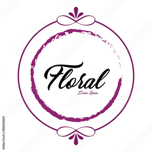 Modern purple floral logo template with brush-stroke circle and elegant line-art frame for boutique branding