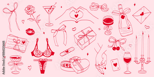 Whimsical hand drawn coquette illustration set in red ink on soft pink background. Romantic Valentine elements with bows, hearts, gifts and symbols, elegant feminine line art style.