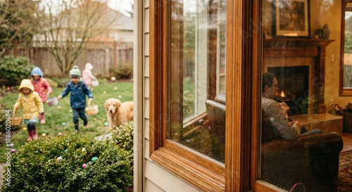 Children on Easter egg hunt in backyard seen from window