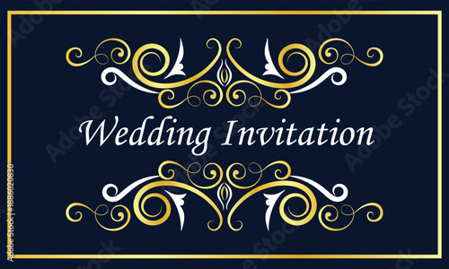 Luxury midnight blue wedding invitation template with premium gold scrolls and elegant decorative border