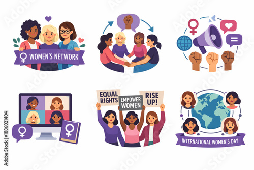 International Women’s Day women advocacy networks icon set