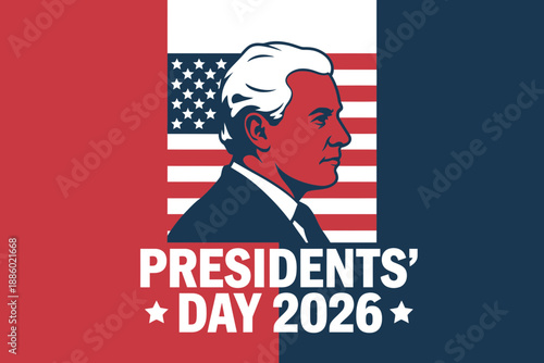 A vector graphic illustration of a presidential day icon featuring a profile of a president in front of an American flag background with the text Presidents' Day 2026