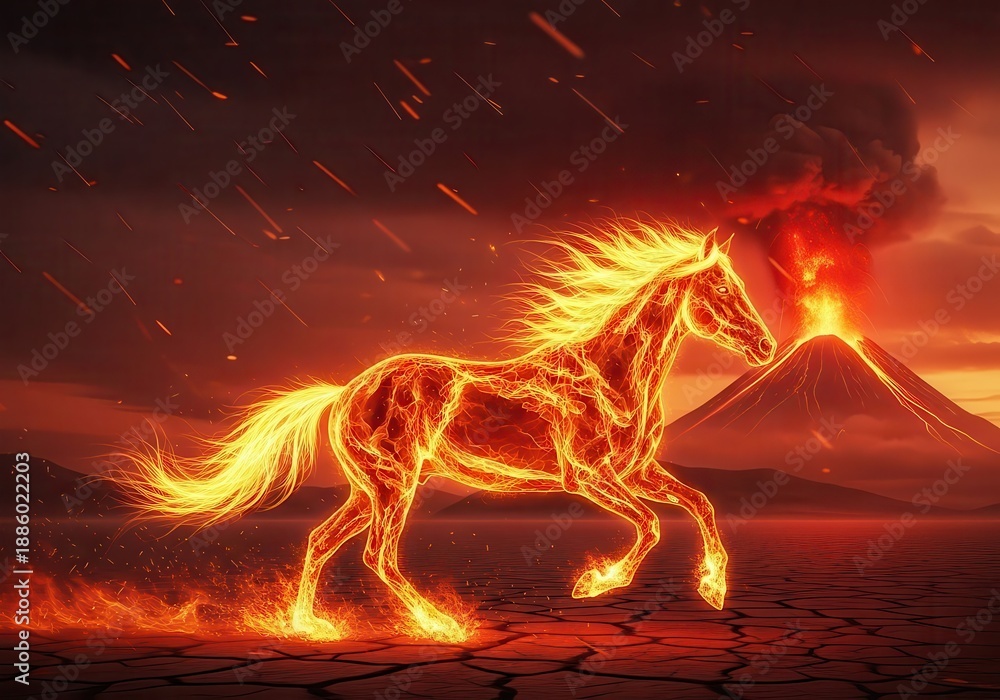Fototapeta premium Fiery Horse Running from Volcano, Fantasy Artwork, Fire Horse, Digital Art, Dramatic