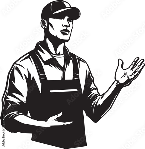 Black and white of a person in overalls with a cap